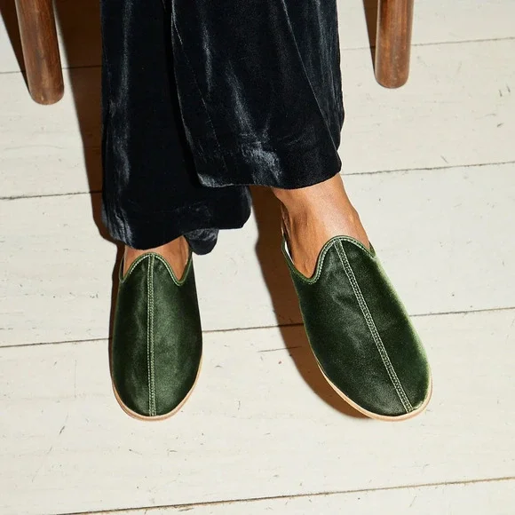 Sabah House Green Velvet Palazzo Slippers Size 37 - Picture 4 of 13